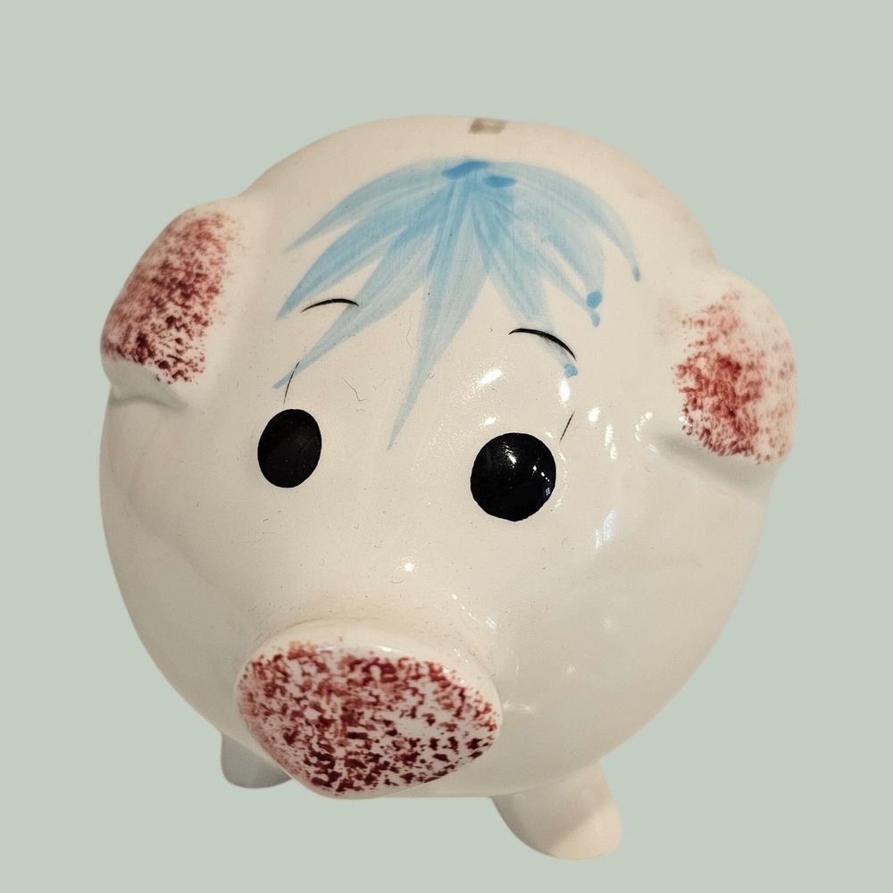 Vintage Hand Painted Floral Ceramic Piggy Bank White Blue Yellow Orange 7.5in‎